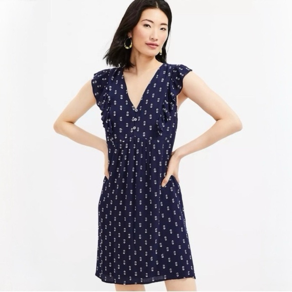 Loft Navy Blue Ruffle Sleeve Dress